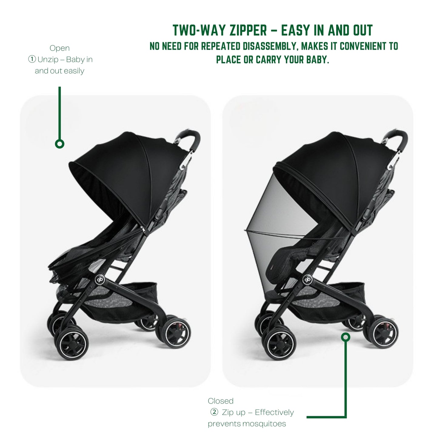 Black stroller with two-way zipper feature on a white background