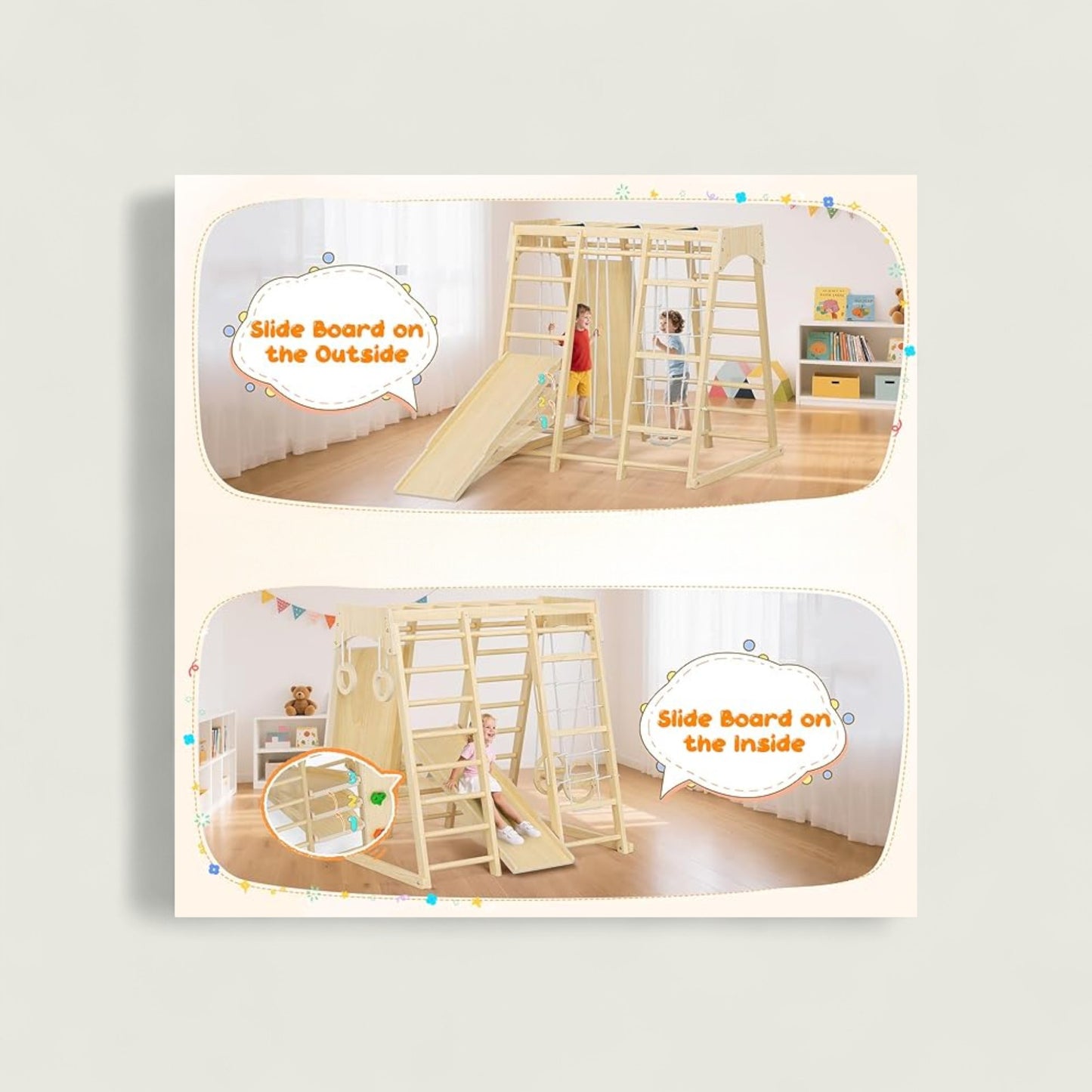 Children's play area with a wooden climbing frame and slide, showing different views.