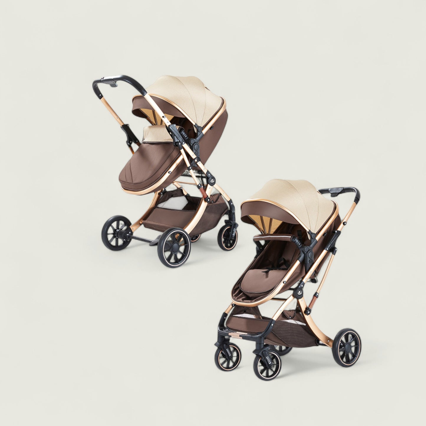 Two baby strollers, one standing and one folded, on a light beige background