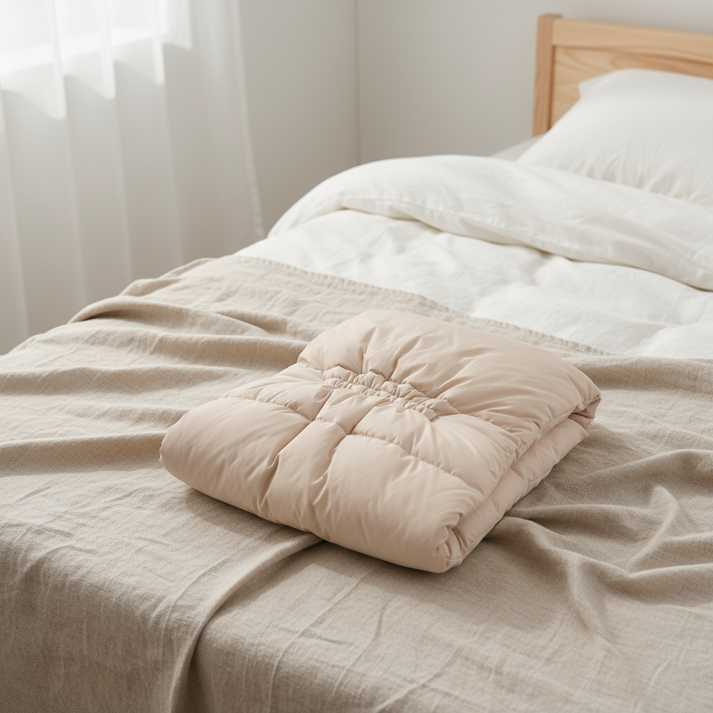 Folded beige comforter on a bed with light bedding