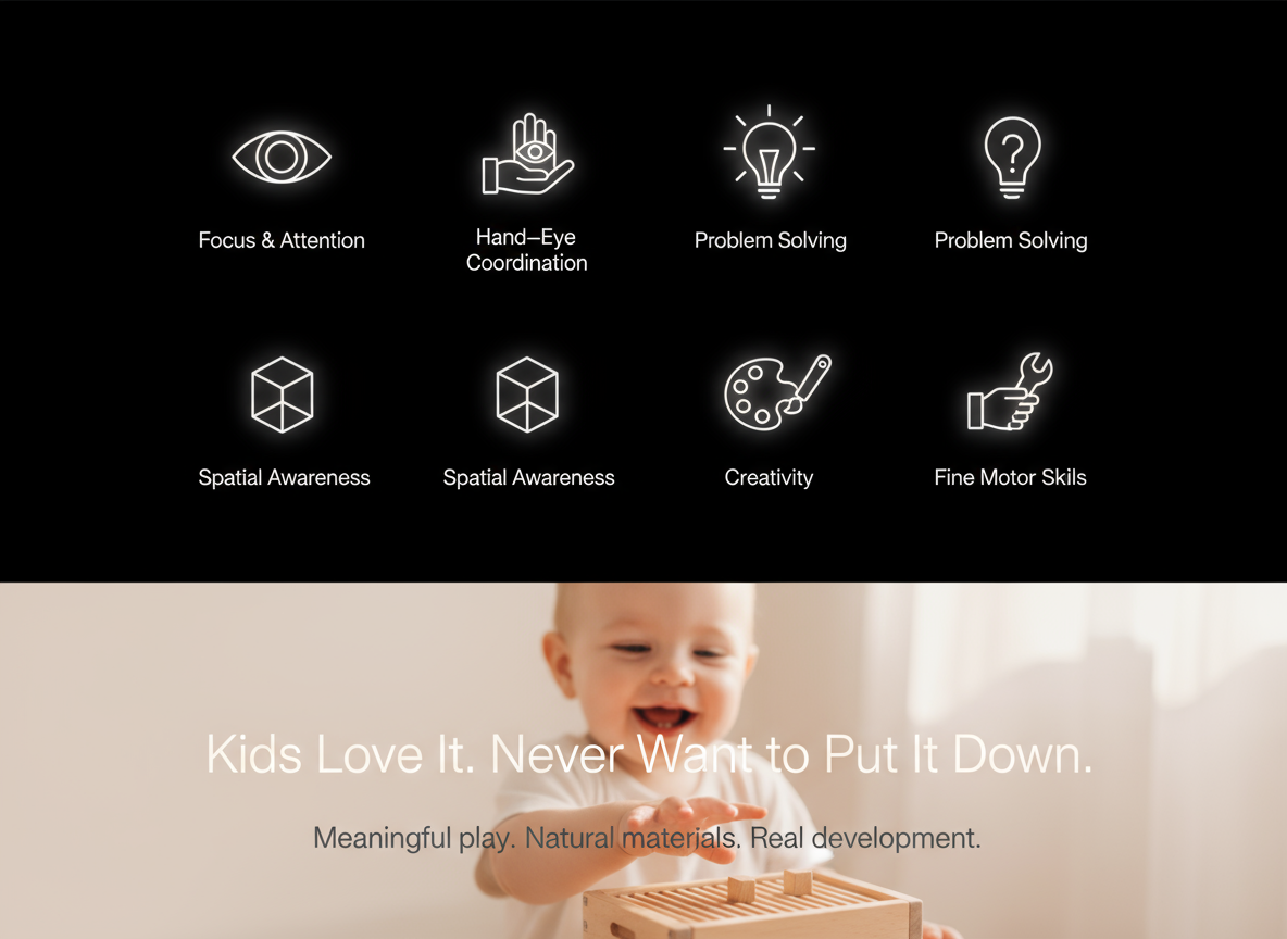 Product advertisement with icons and text about developmental skills and a child playing.