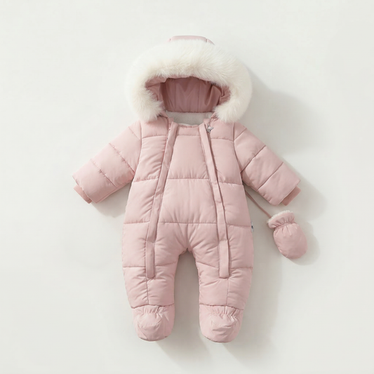 Pink baby snowsuit with fur hood on a white background