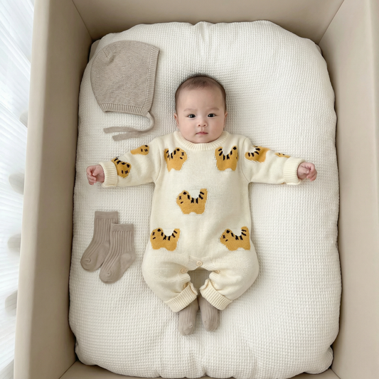 Cream Tiger Knit Baby Romper