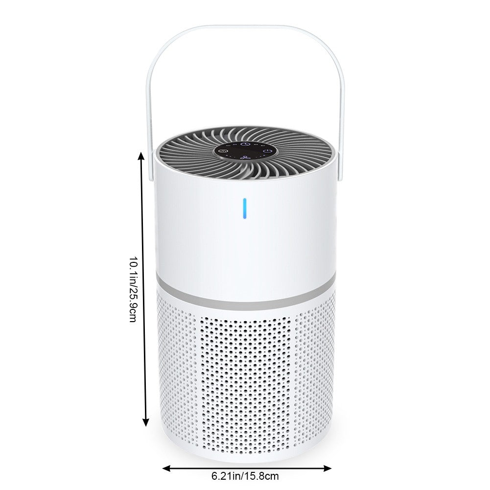 White air purifier with dimensions indicated on a white background