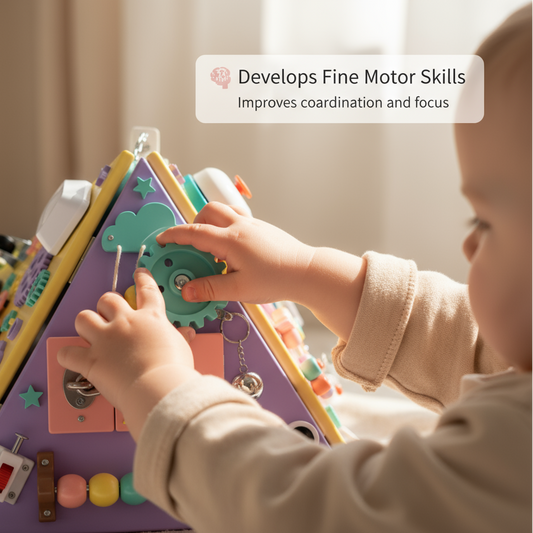 Child playing with a colorful educational toy, developing fine motor skills.