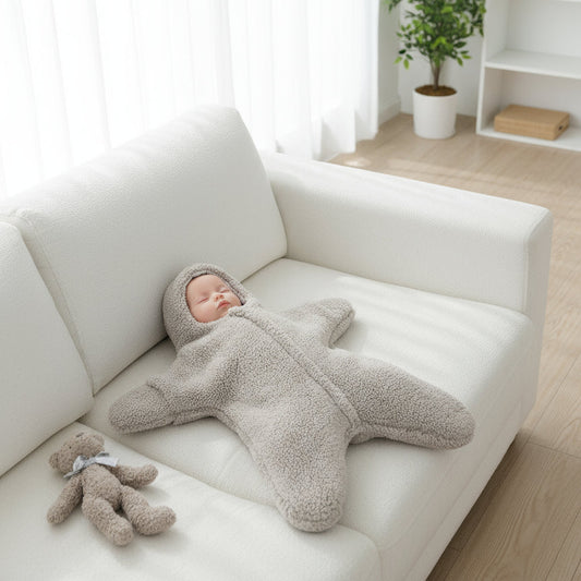 Baby in a fluffy outfit lying on a white couch with a teddy bear, in a bright room with a bookshelf and plant.