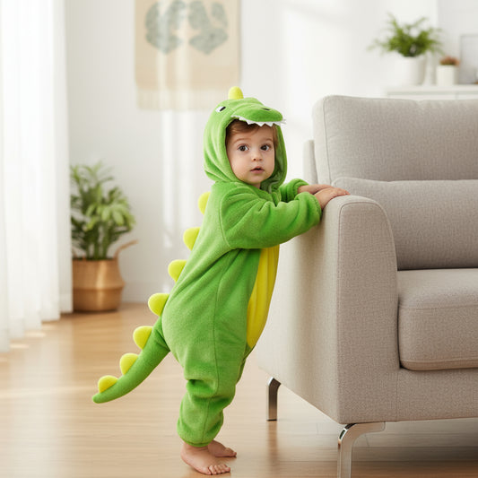 Child wearing a green dinosaur onesie in a living room.