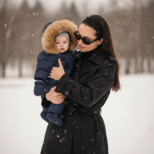 Woman holding a child in a snowy landscape