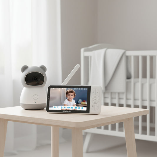 Baby monitor with screen displaying a child's face on a table in a nursery.