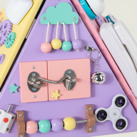 Children's educational toy with various components on a white background