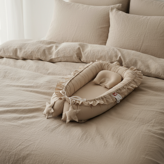 Beige bedding set with pillows and a decorative item on a bed.