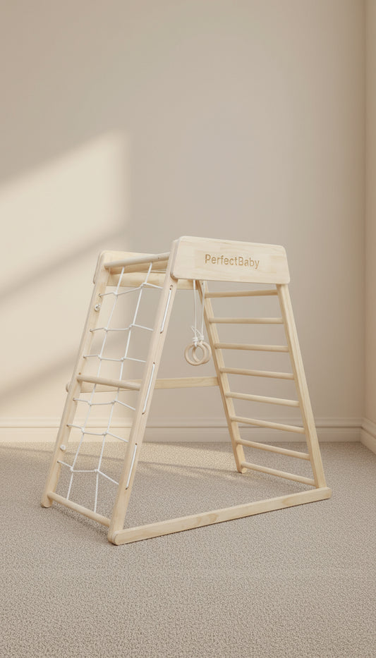 Wooden baby play gym with 'PerfectBaby' branding on a neutral background