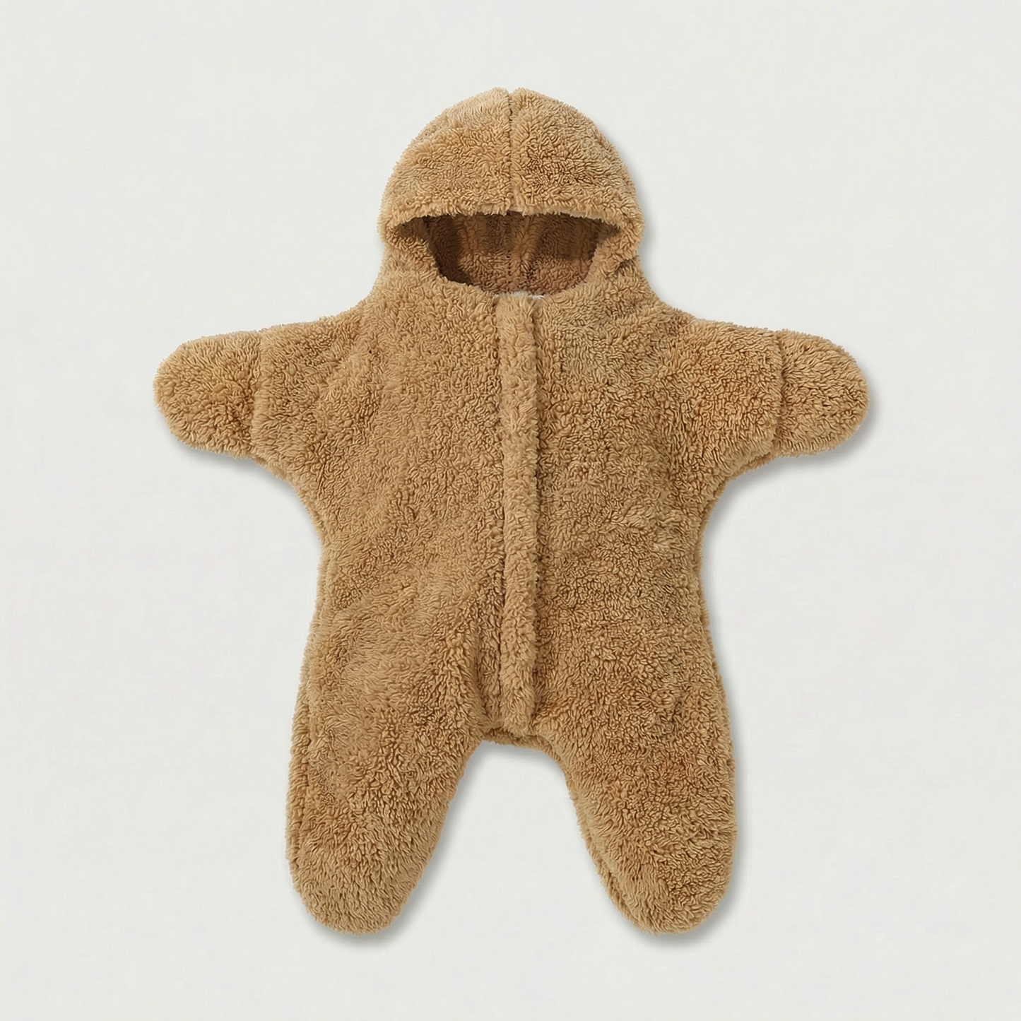 Brown baby snowsuit with hood on a light gray background