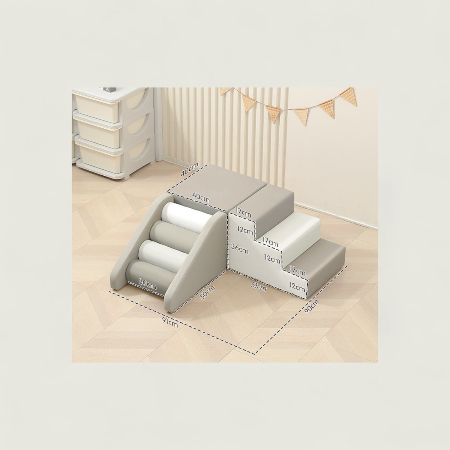 Gray pet stairs with white steps on a light wooden floor.