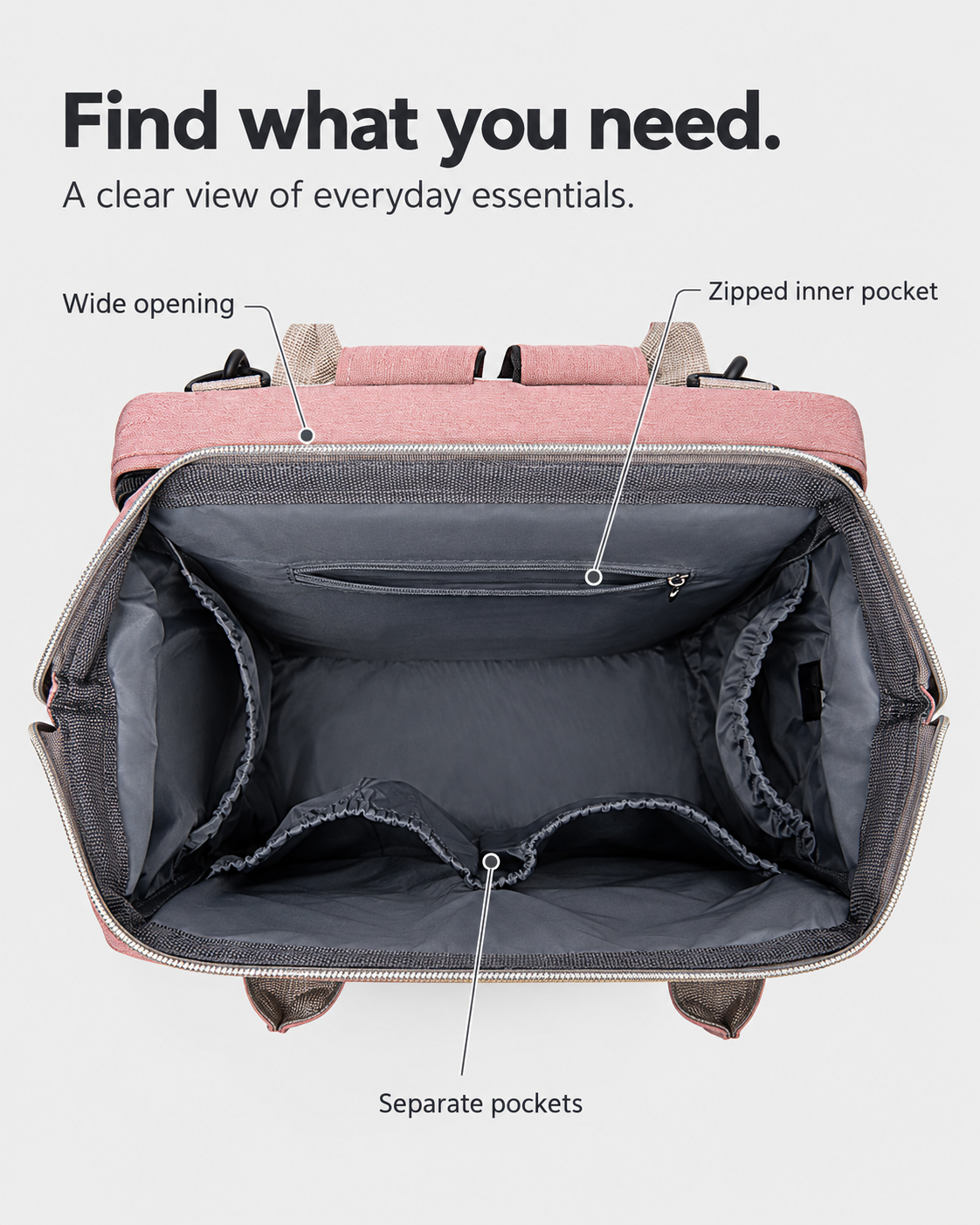 Pink Grey backpack interior with wide opening, zipped inner pocket and separate pockets