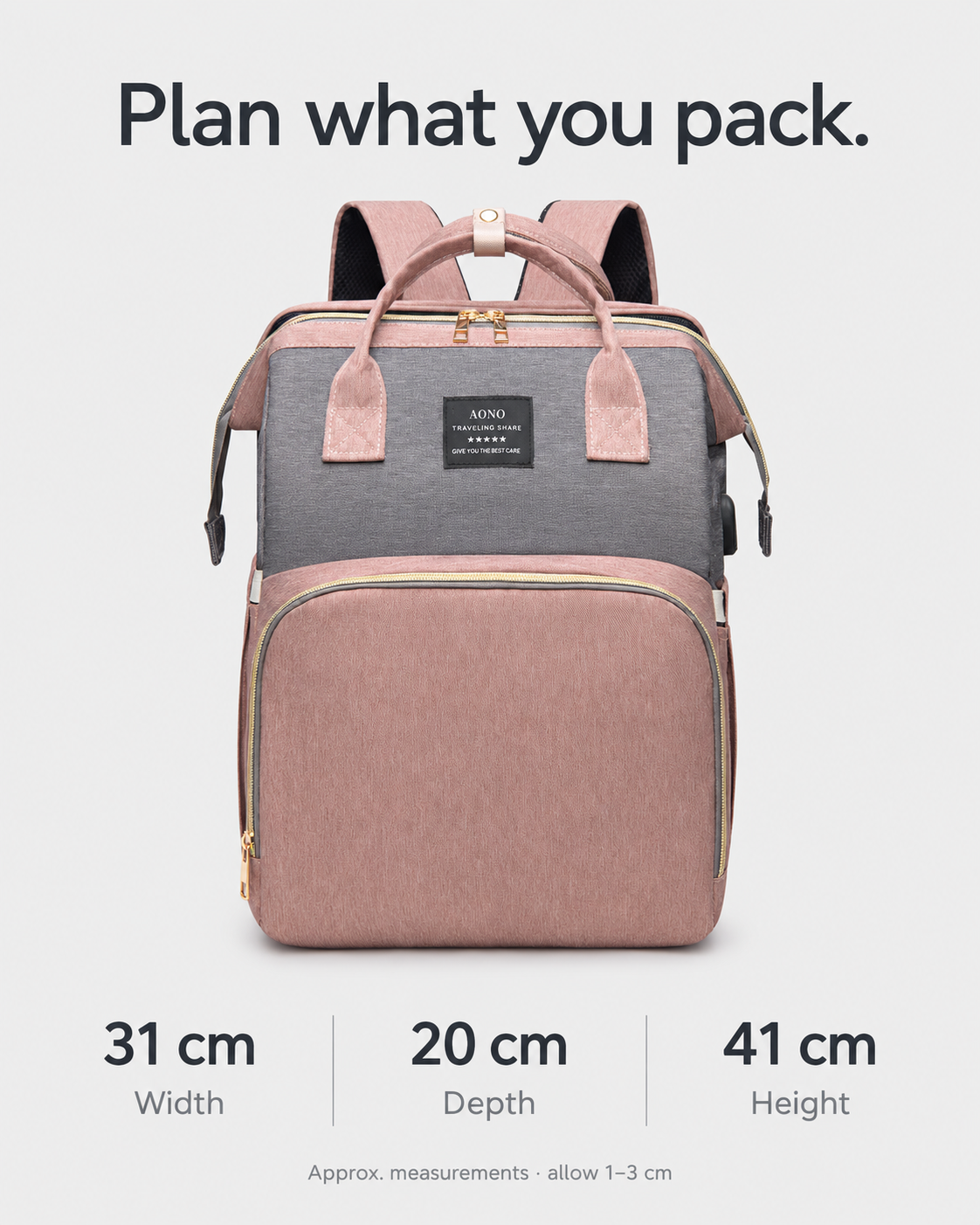 Closed backpack dimensions: 31 cm width, 20 cm depth, 41 cm height; allow 1–3 cm