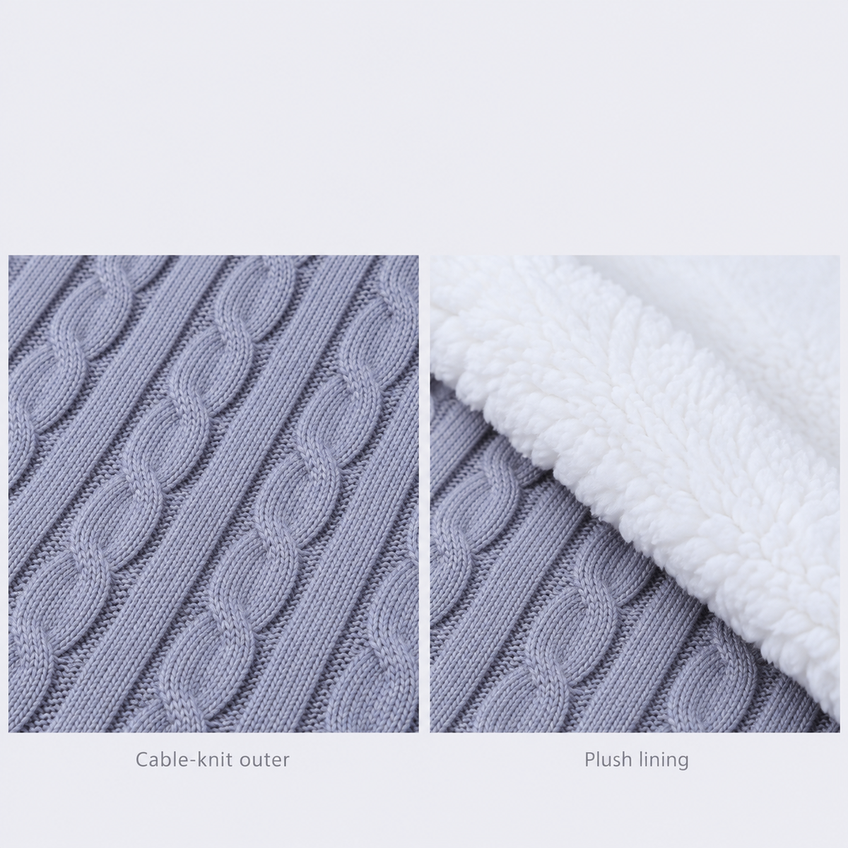 Cable-knit exterior and white plush lining close-ups