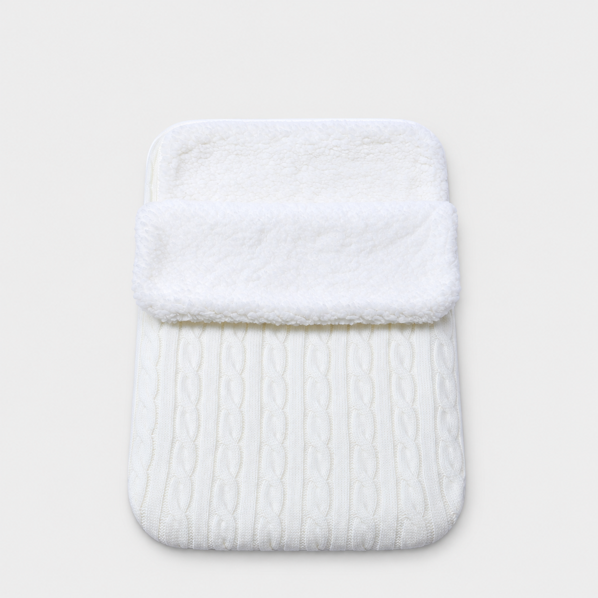 White cable-knit envelope wrap with white plush lining