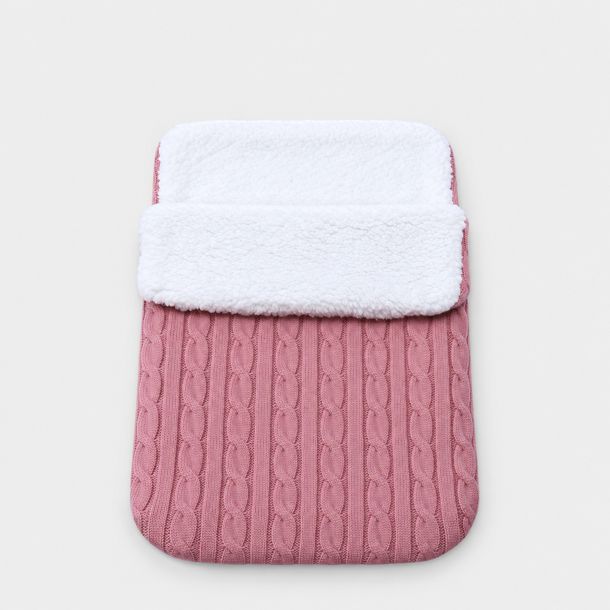Dusty Rose cable-knit envelope wrap with white plush lining