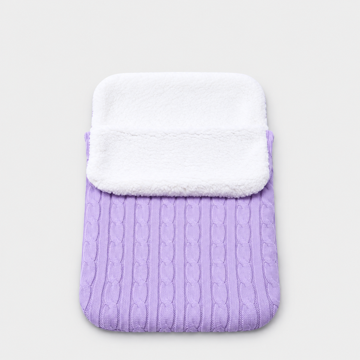 Lavender cable-knit envelope wrap with white plush lining