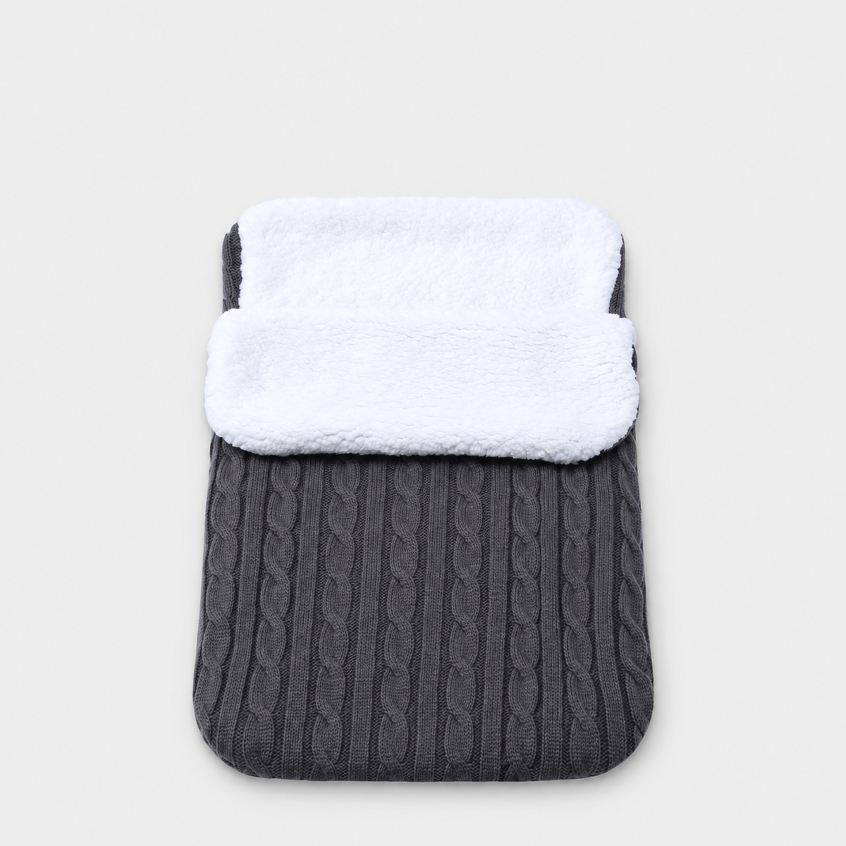 Dark Grey cable-knit envelope wrap with white plush lining
