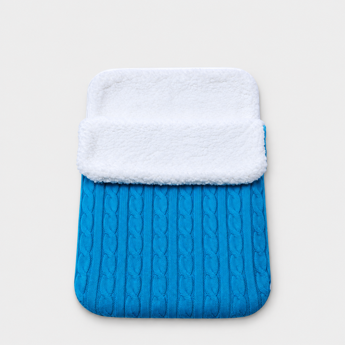 Lake Blue cable-knit envelope wrap with white plush lining