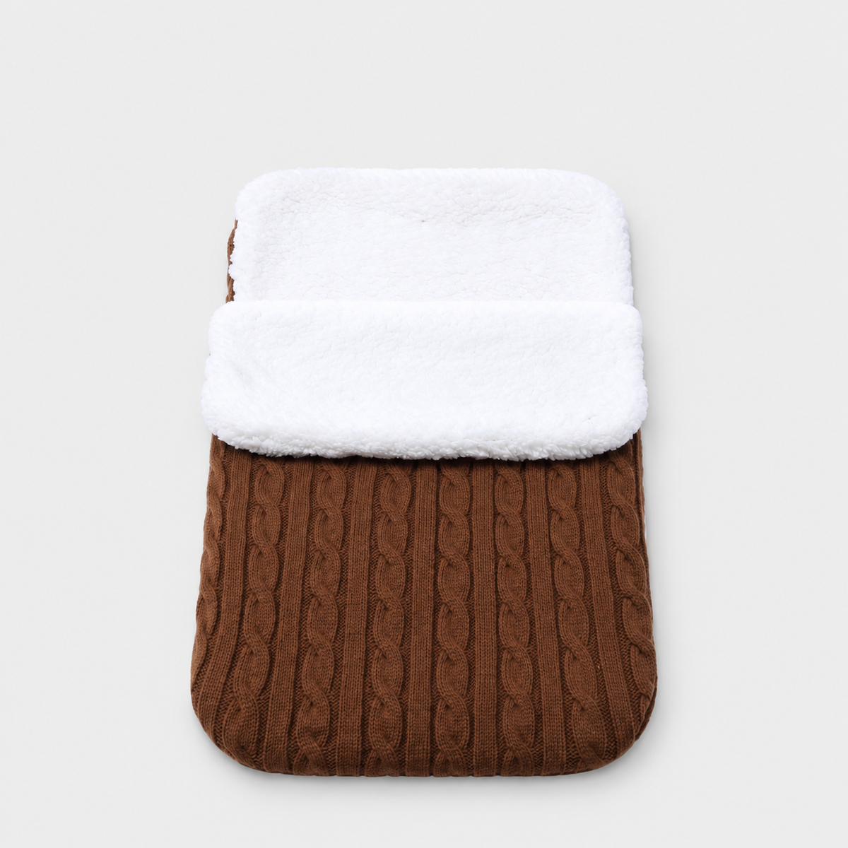 Coffee cable-knit envelope wrap with white plush lining