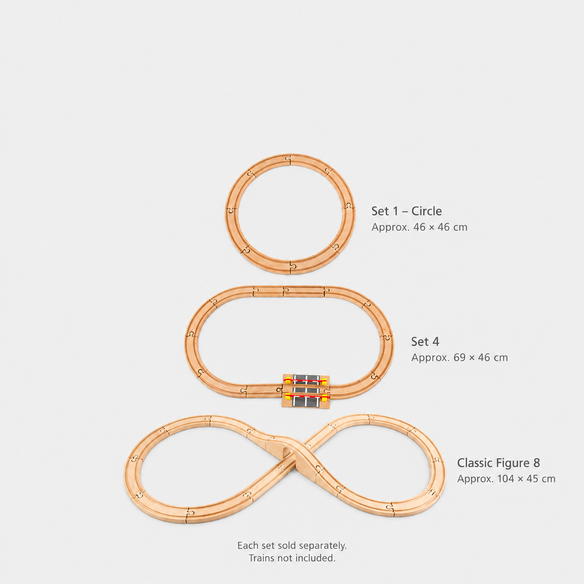 Three wooden train track layouts and approximate dimensions. Each set sold separately; trains not included.