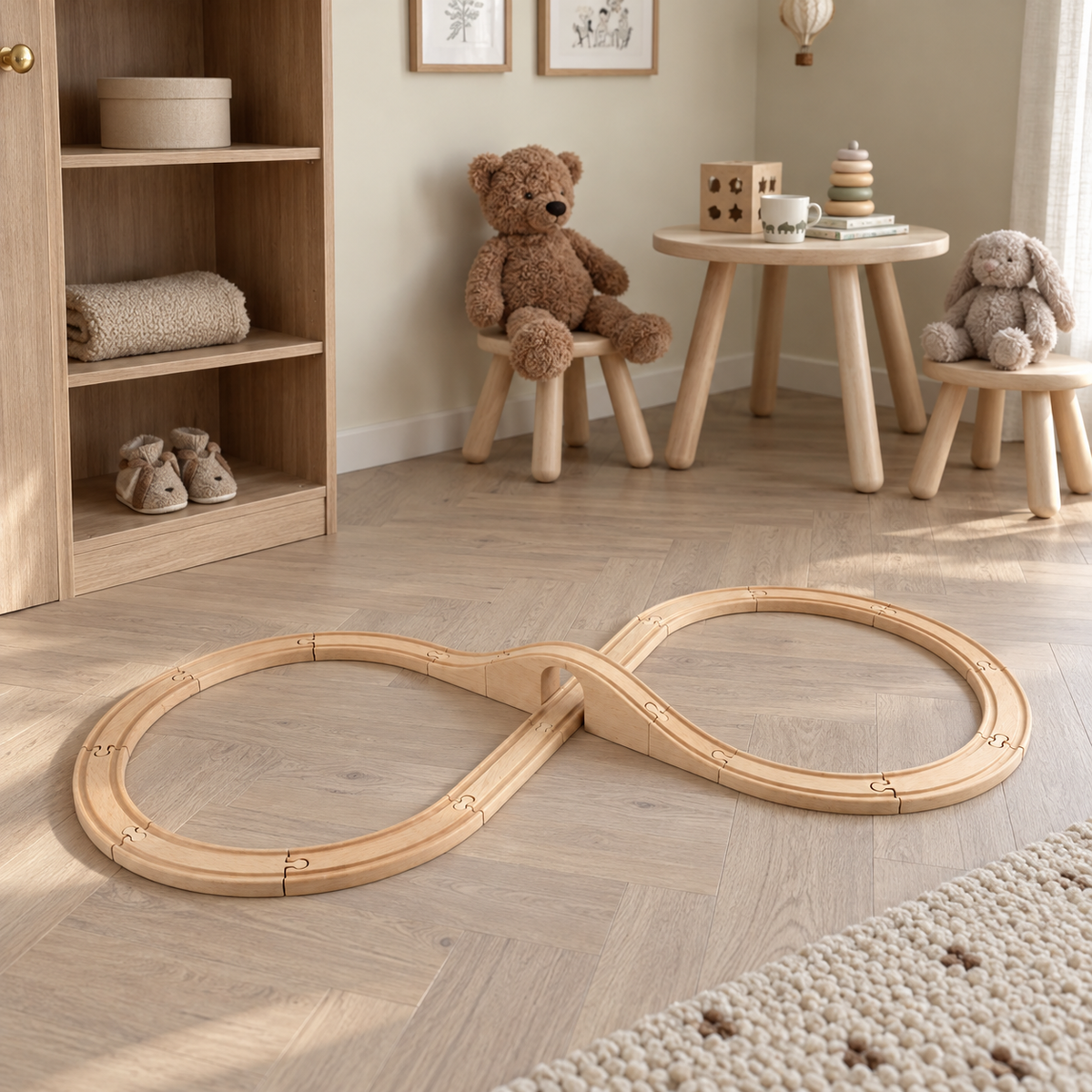 Classic Figure 8 wooden track in an oak nursery corner