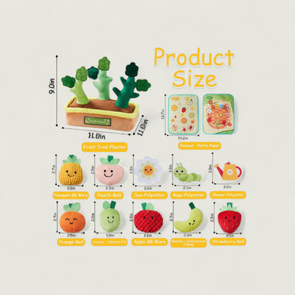 Product size chart with various small plush toys and their dimensions on a white background.
