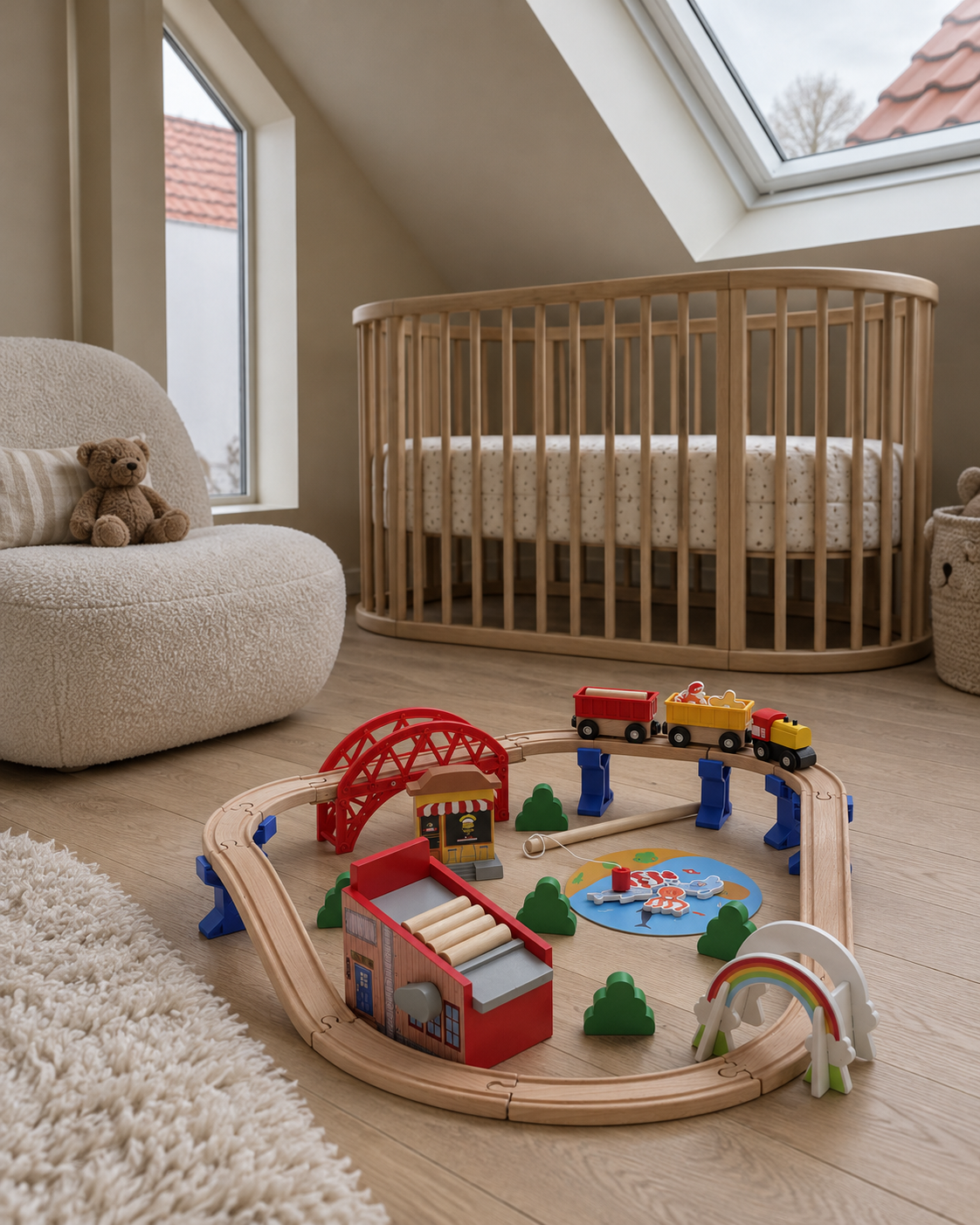 Wooden railway track set in a warm greige attic room with oak crib, cream boucle chair and natural skylight