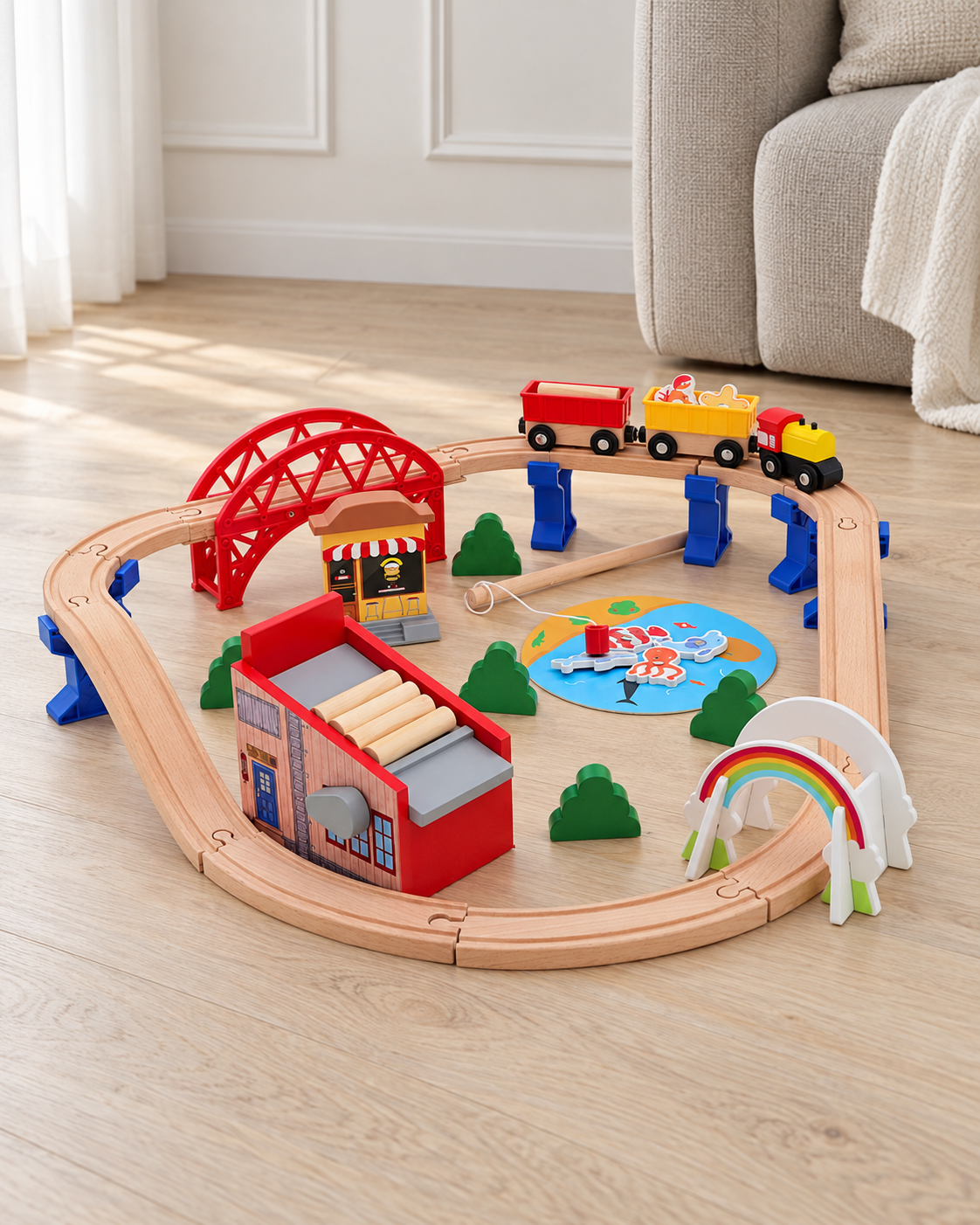 Lumber yard railway track set in a modern home