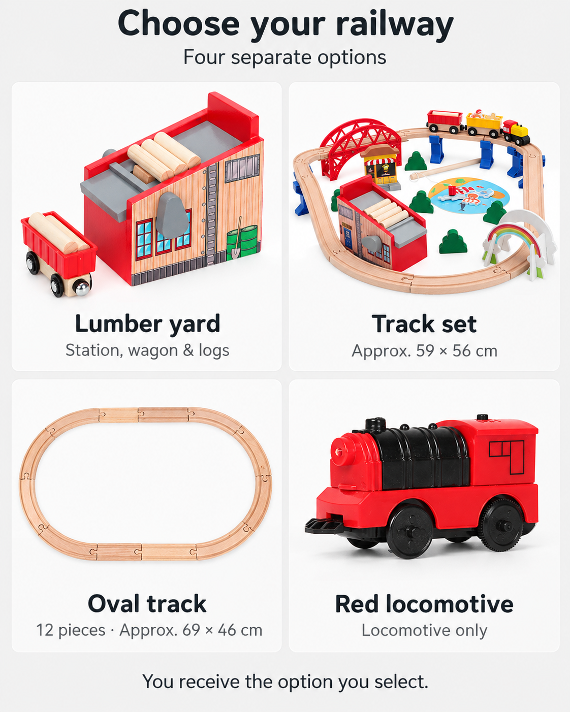 Four separate options: loading station set, railway track set, oval track and red locomotive