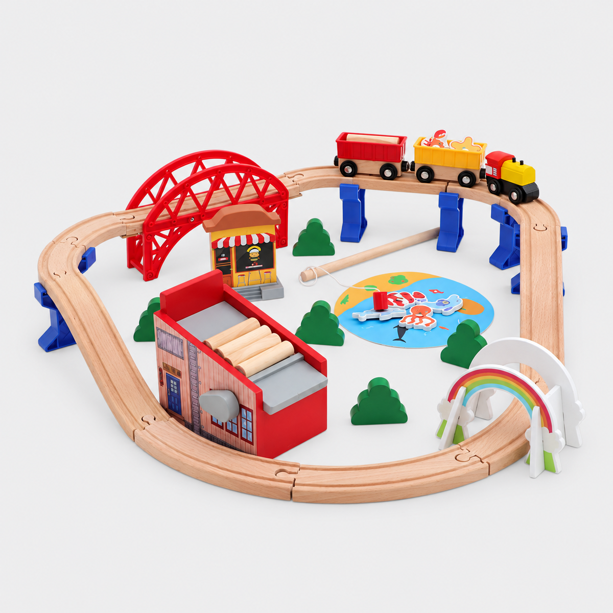 Lumber yard track set with bridge, scenery, locomotive and wagons