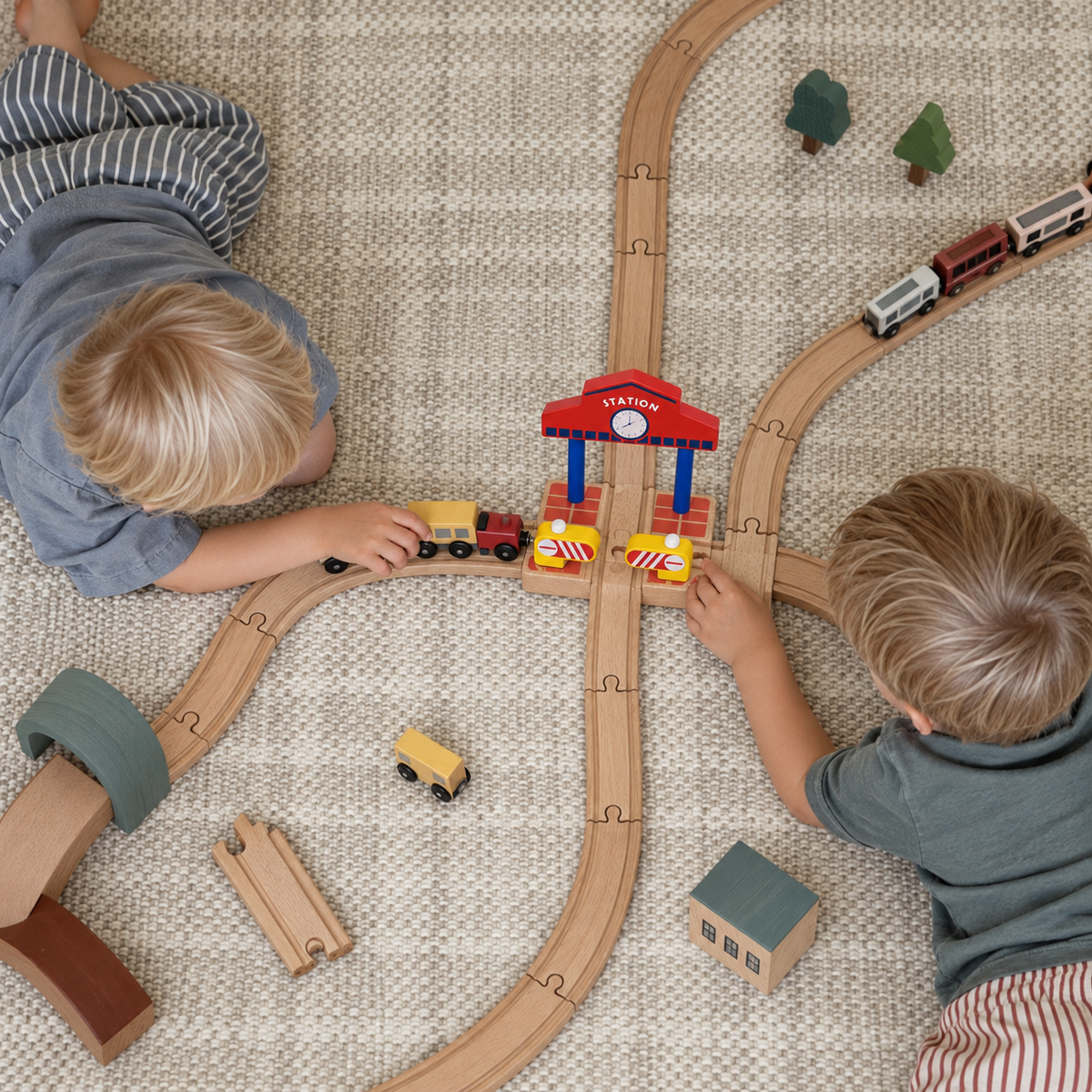 Crossing Station in a play setting; tracks and trains are styling props