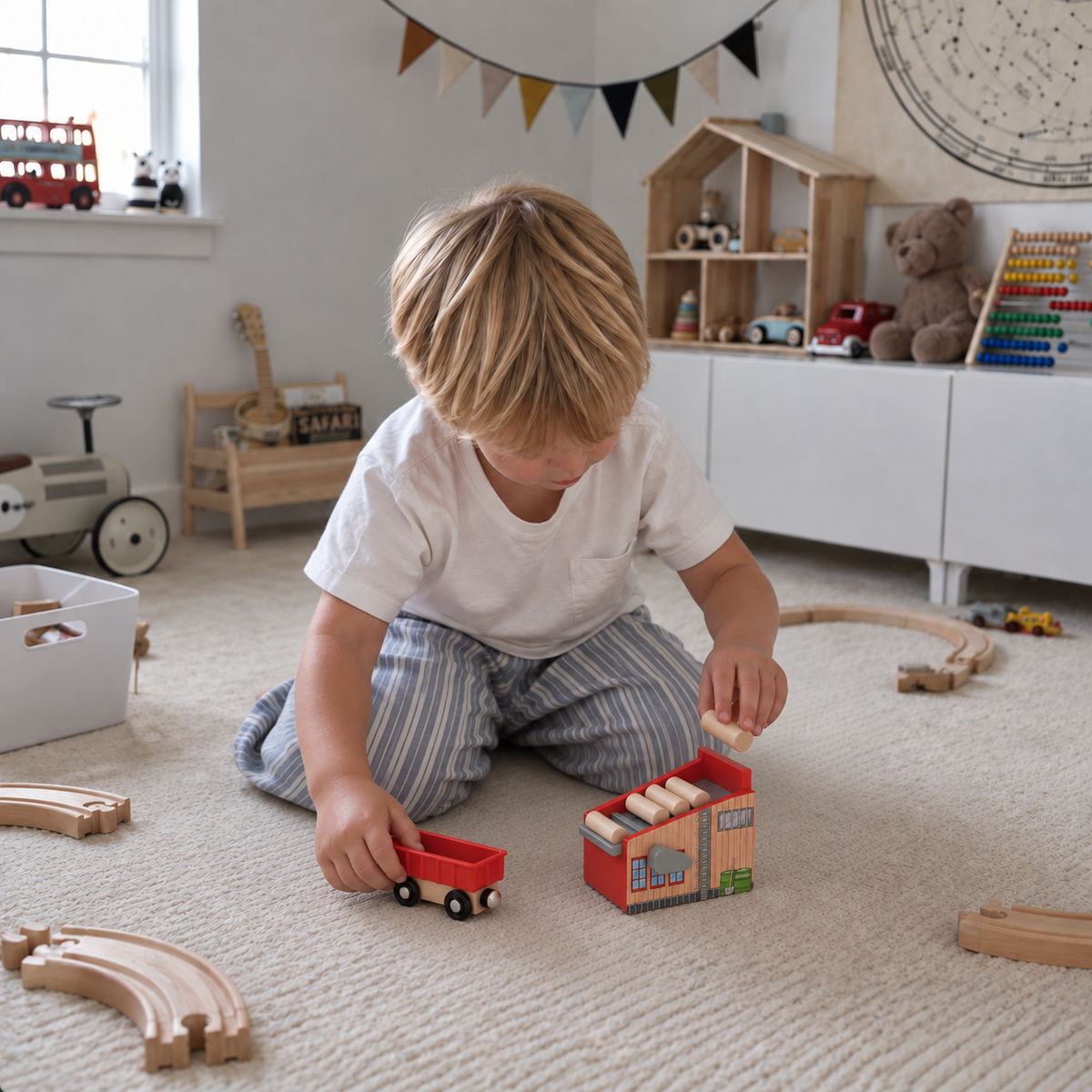 Lumber Loader and red wagon in a playroom; tracks are styling props