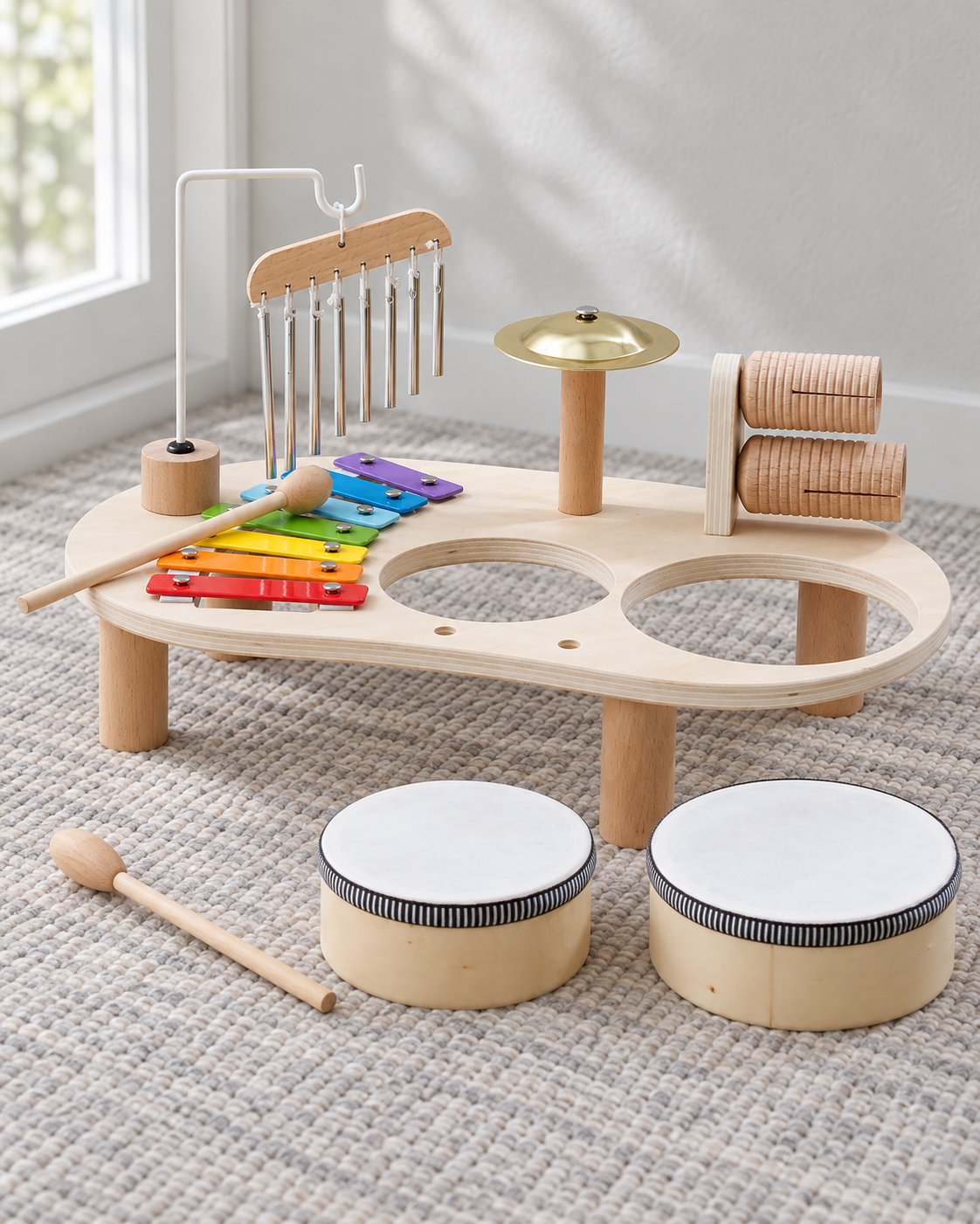 Two removable drums shown beside their openings in the wooden music table
