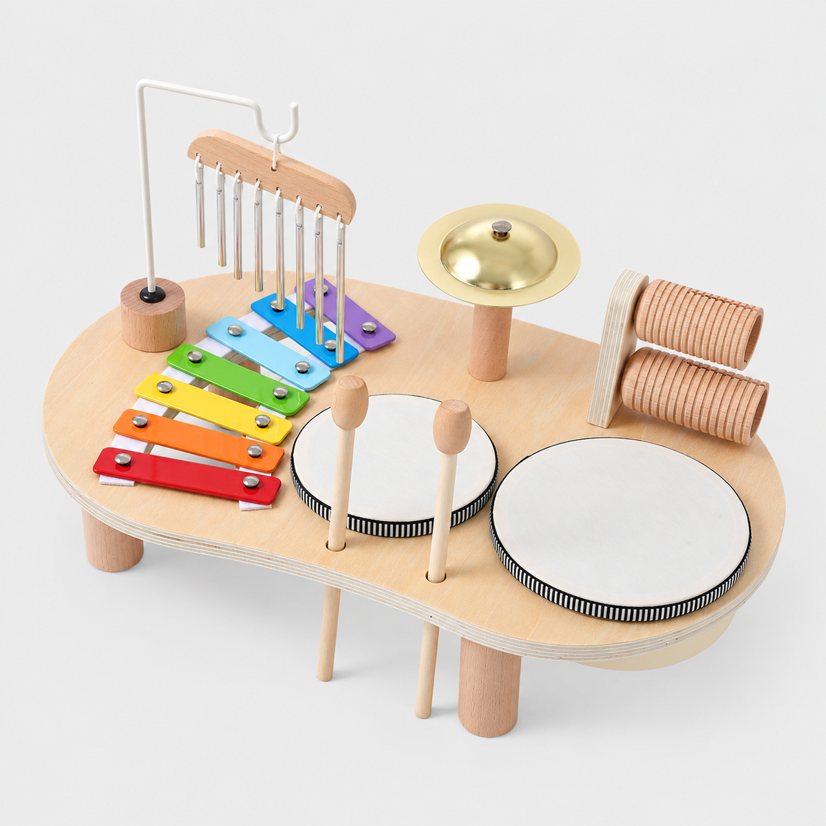 Wooden music table with seven coloured bars, two drums, chimes, cymbal and ridged wooden blocks