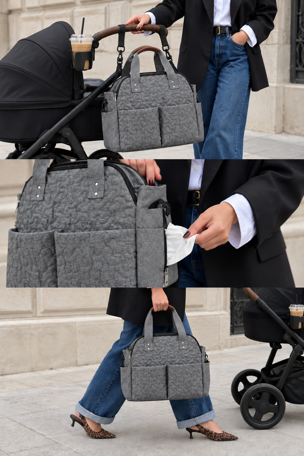 Three-panel fashion collage: grey quilted bag on stroller, side wipe access and carrying by hand