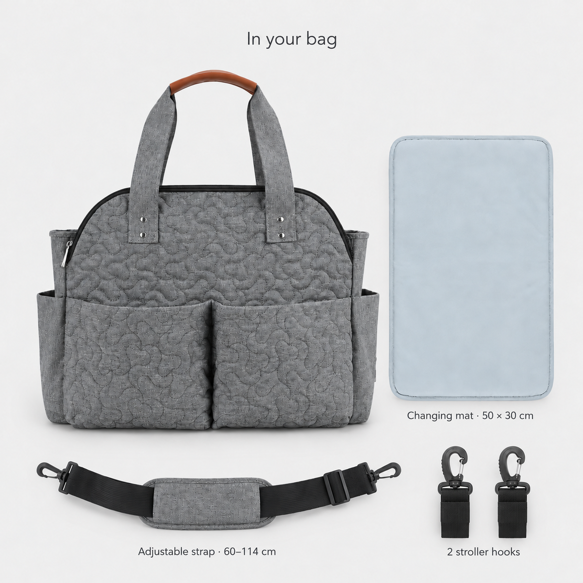 Bag with changing mat, adjustable shoulder strap and two stroller hooks