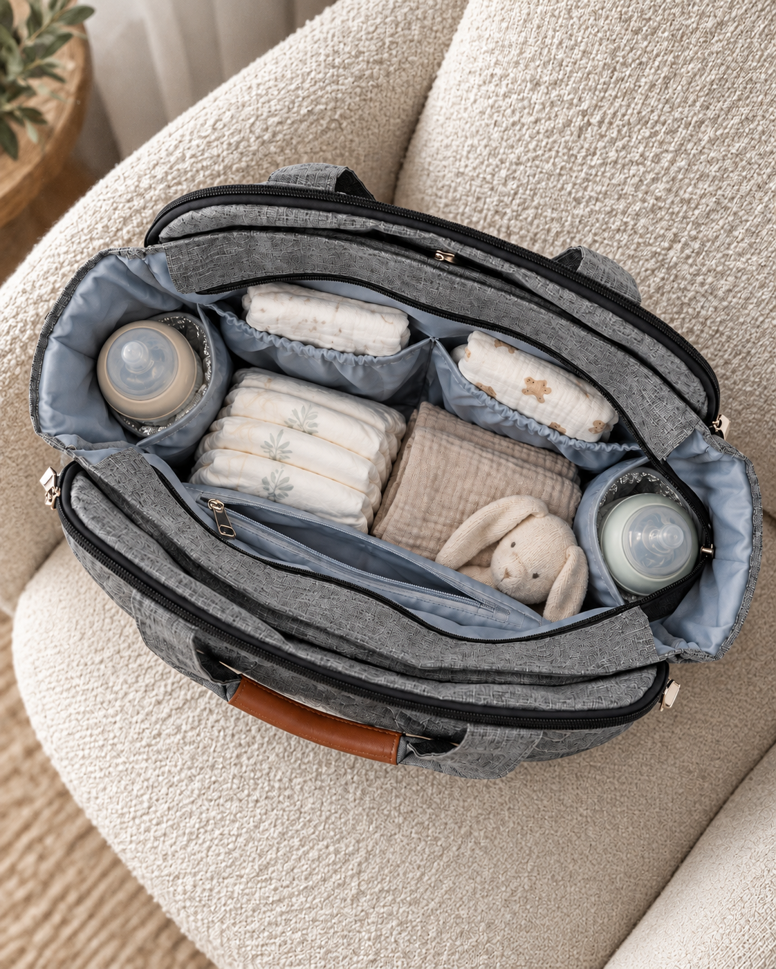 Organised interior with separate pockets; contents not included