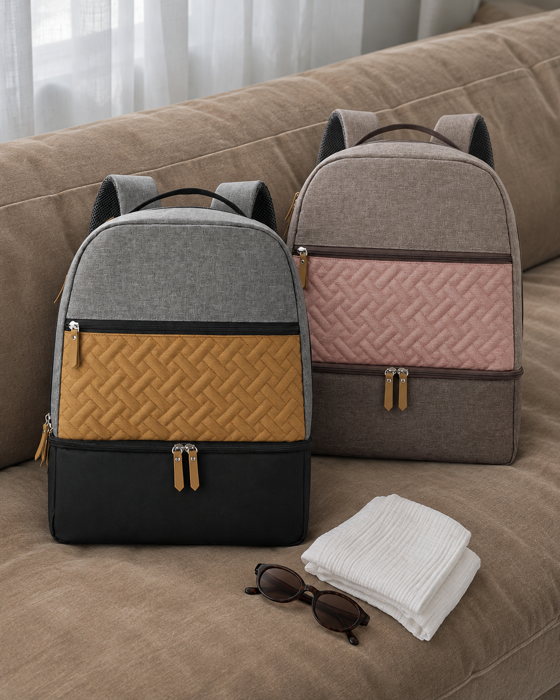Grey and Taupe backpack colour comparison