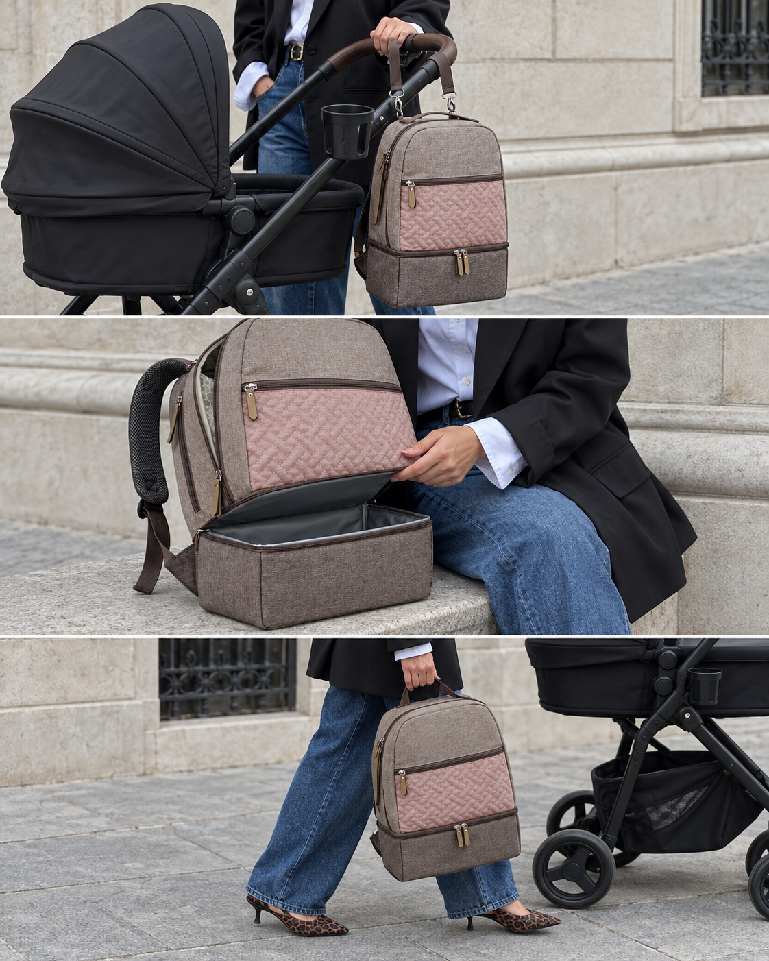 Taupe backpack on a stroller, lower compartment access, and carried by hand