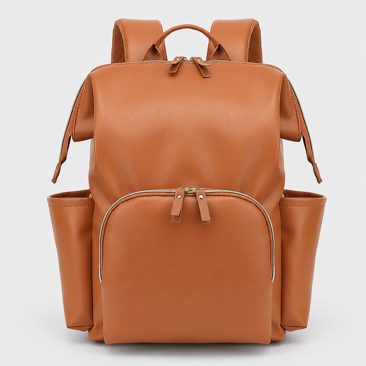 Caramel leather-look diaper backpack, front view