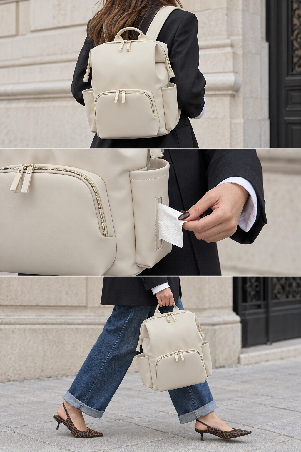Cream White backpack worn, side wipe access and carried by hand in three scenes