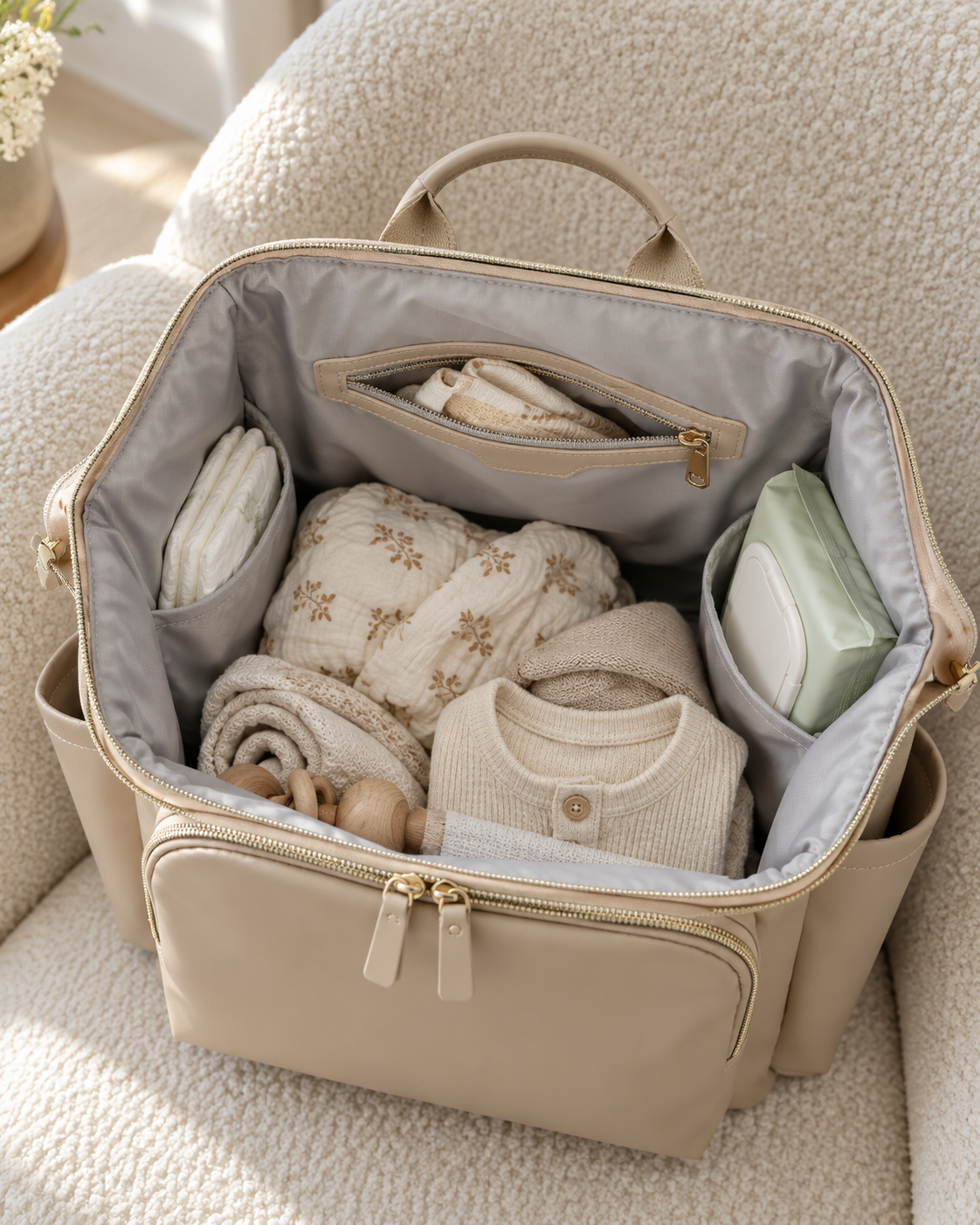 Wide opening and organised backpack interior; contents shown for styling