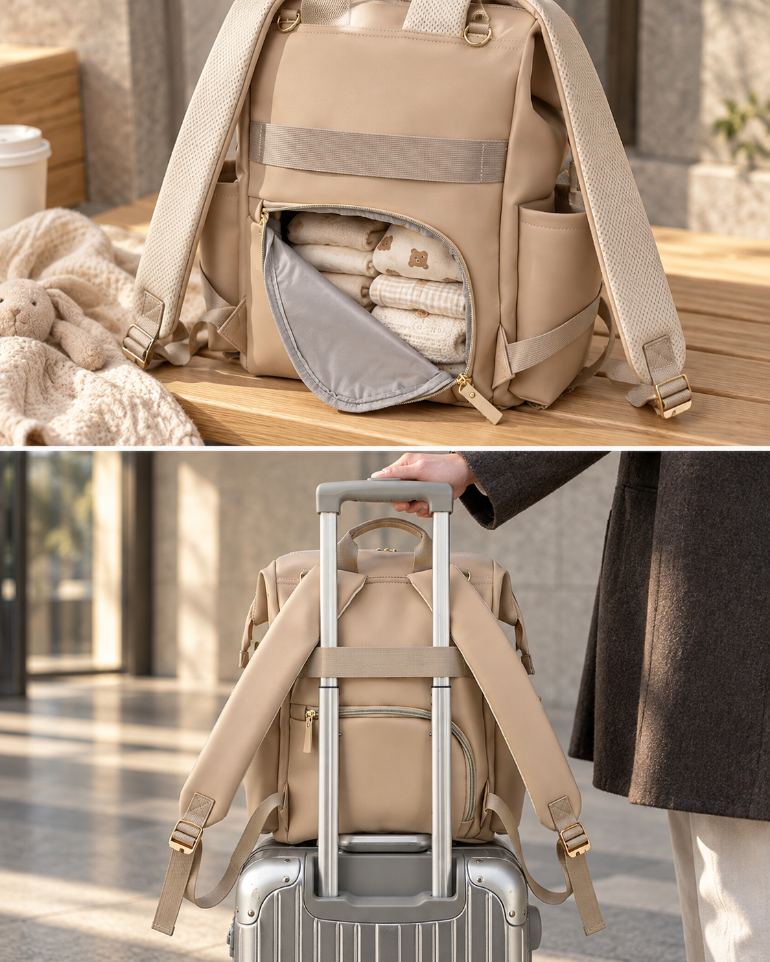 Rear access to main compartment and luggage sleeve over suitcase handle