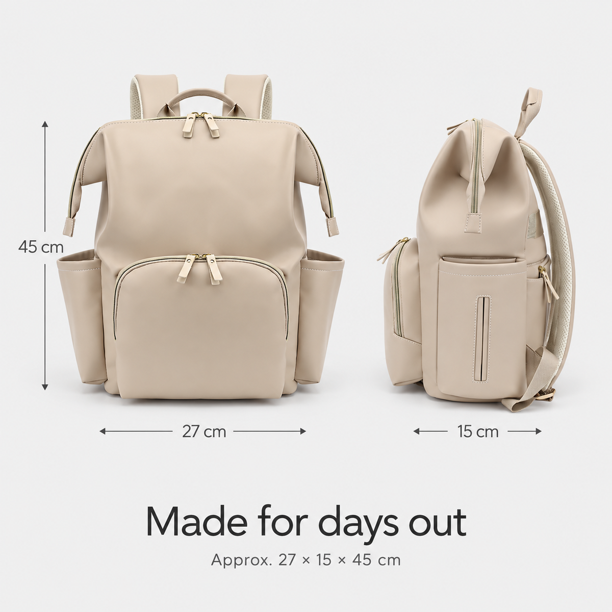 Backpack dimensions approximately 27 by 15 by 45 centimetres