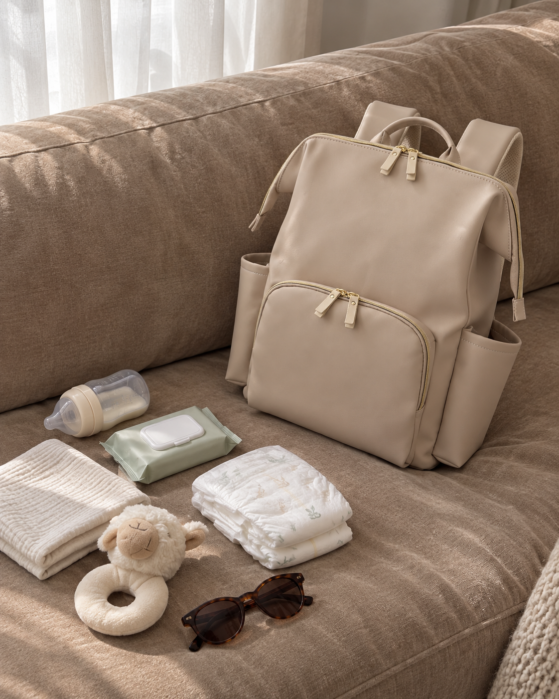 Milk Tea backpack with everyday packing items on a sofa; accessories not included