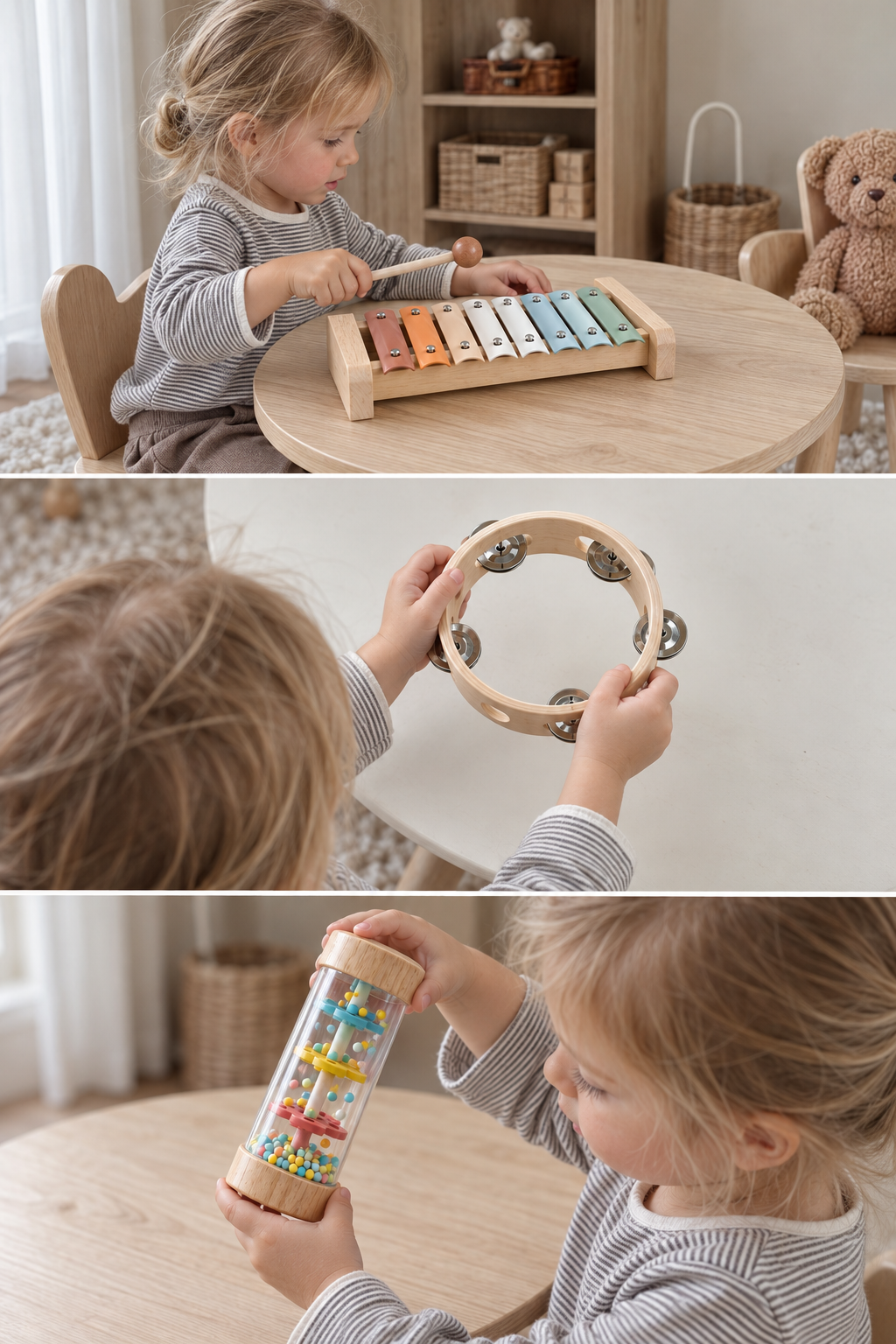 Child playing the eight-bar instrument, jingle ring and rain shaker